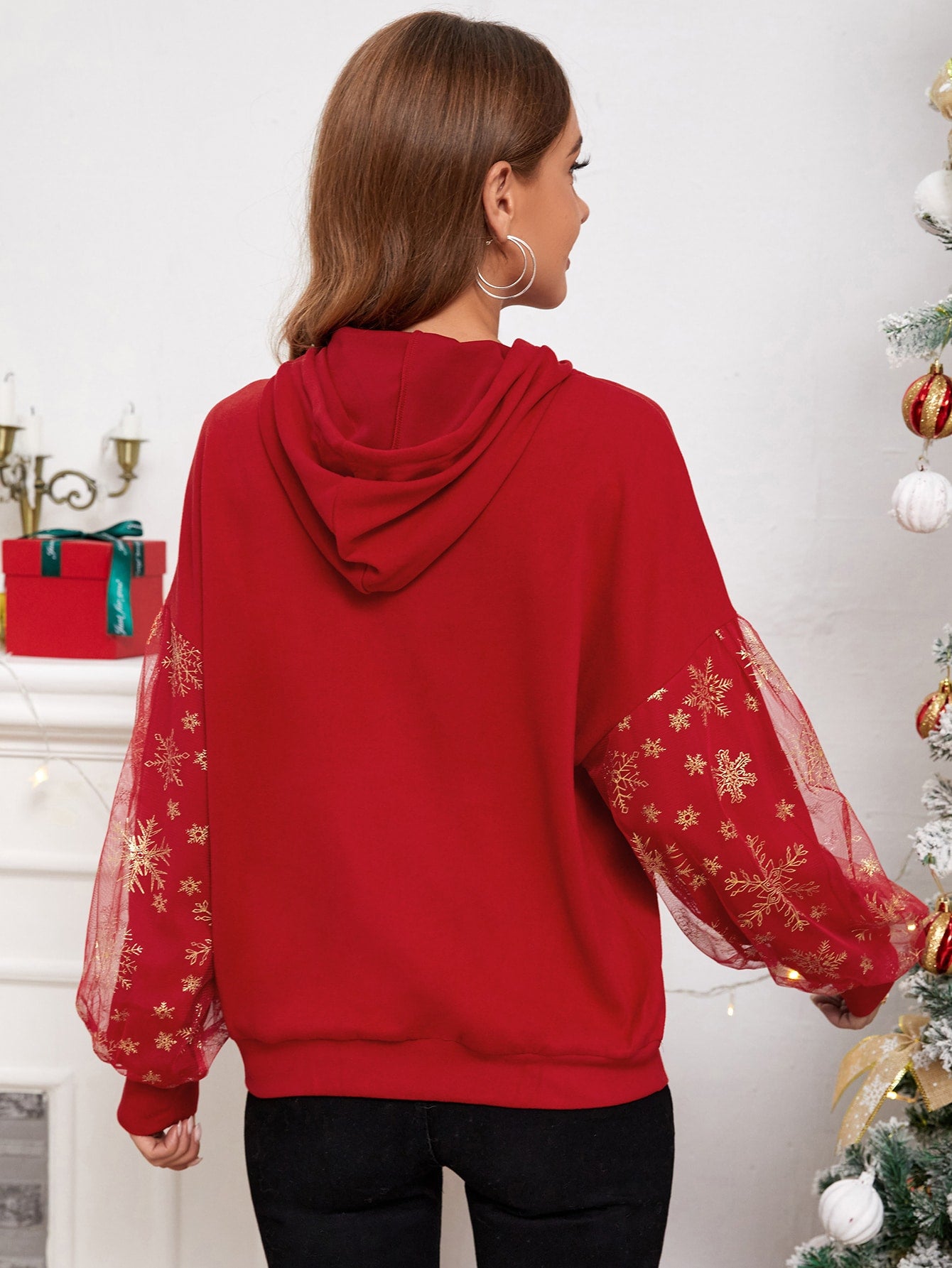 Christmas Snowflake Mesh Panel Drawstring Hoodie