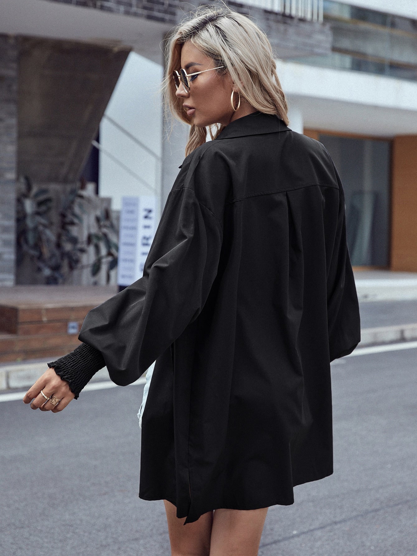 Drop Shoulder Shirred Cuff Blouse