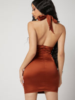 Cut Out Tie Front Backless Halter Neck Satin Bodycon Dress