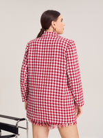 Plus Houndstooth Pattern Double Breasted Tweed Overcoat