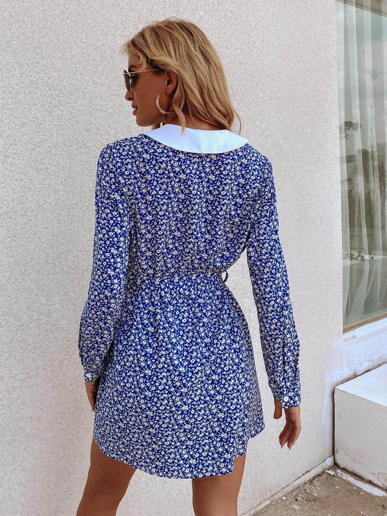 Ditsy Floral Print Contrast Collar Belted Shirt Dress