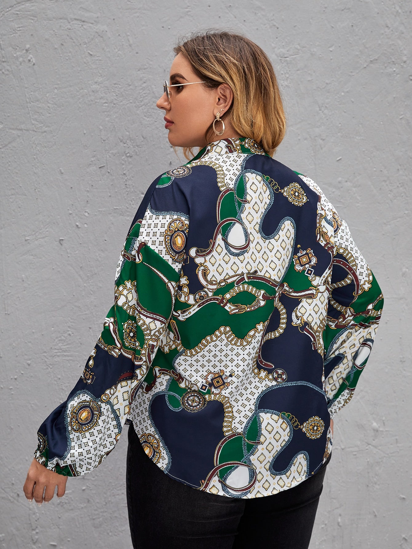 Plus Chain & Geo Print Drop Shoulder Blouse