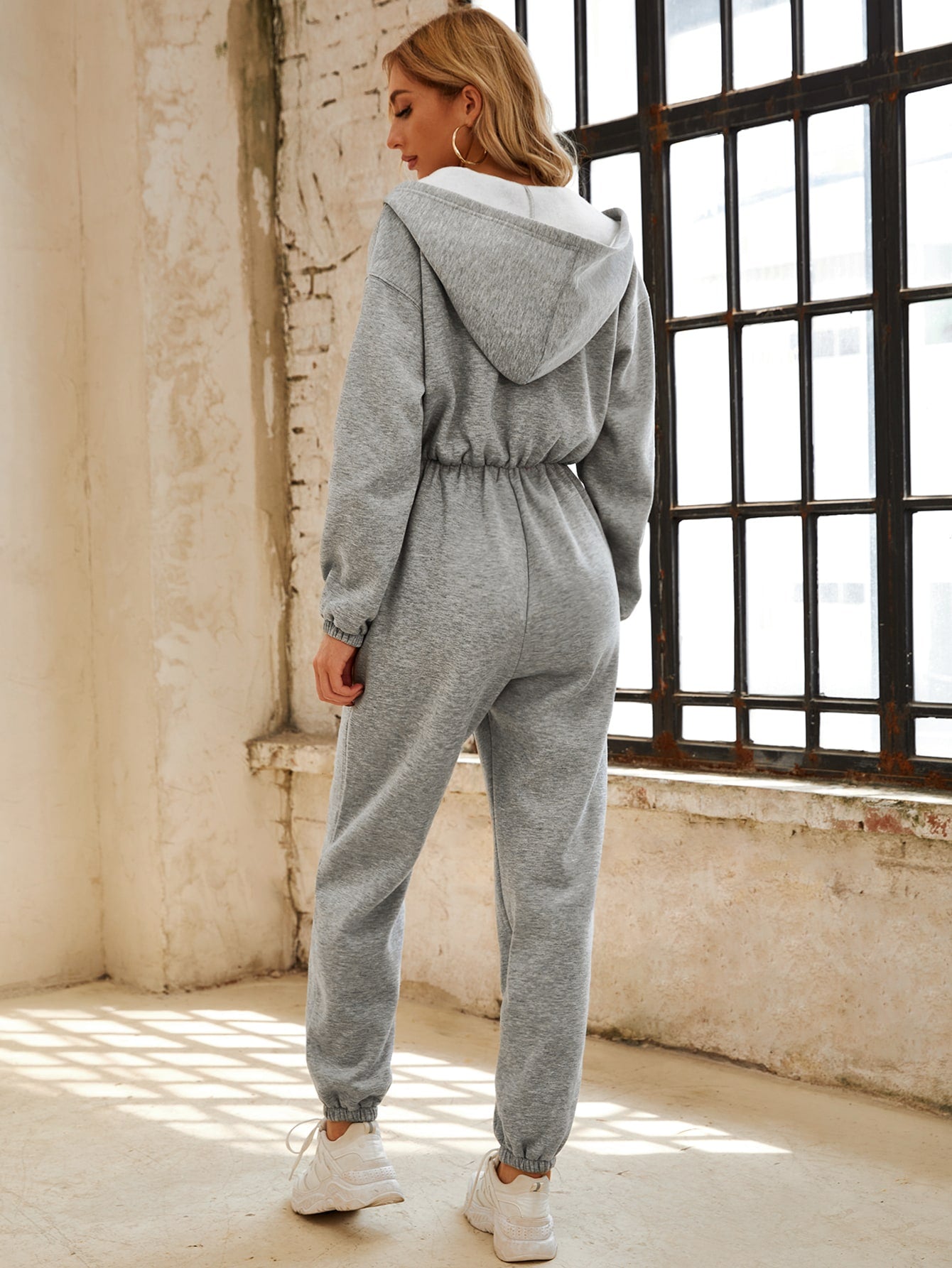 Zip Up Drop Shoulder Hooded Jumpsuit
