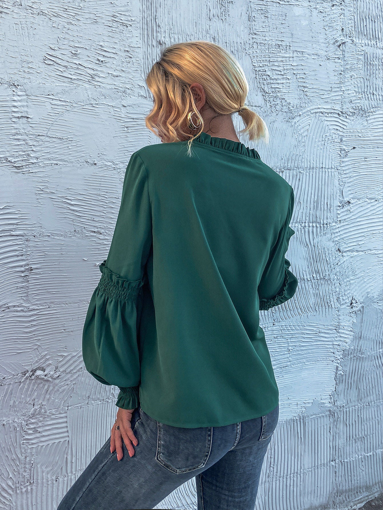 Frill Tie Neck Lantern Sleeve Blouse