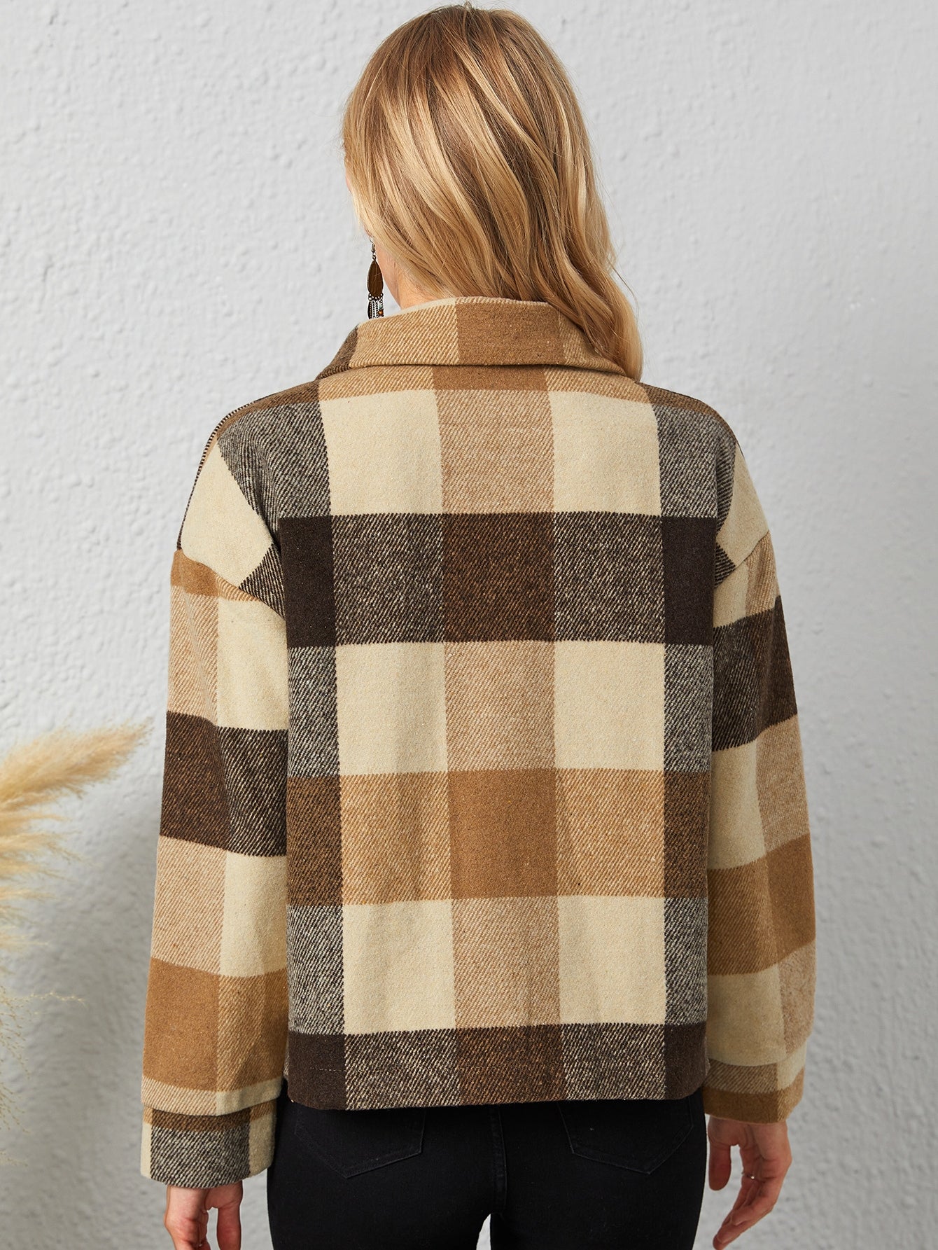 Plaid Drop Shoulder Zipper Coat