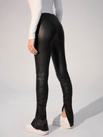 Split Hem Ruched PU Leather Skinny Pants