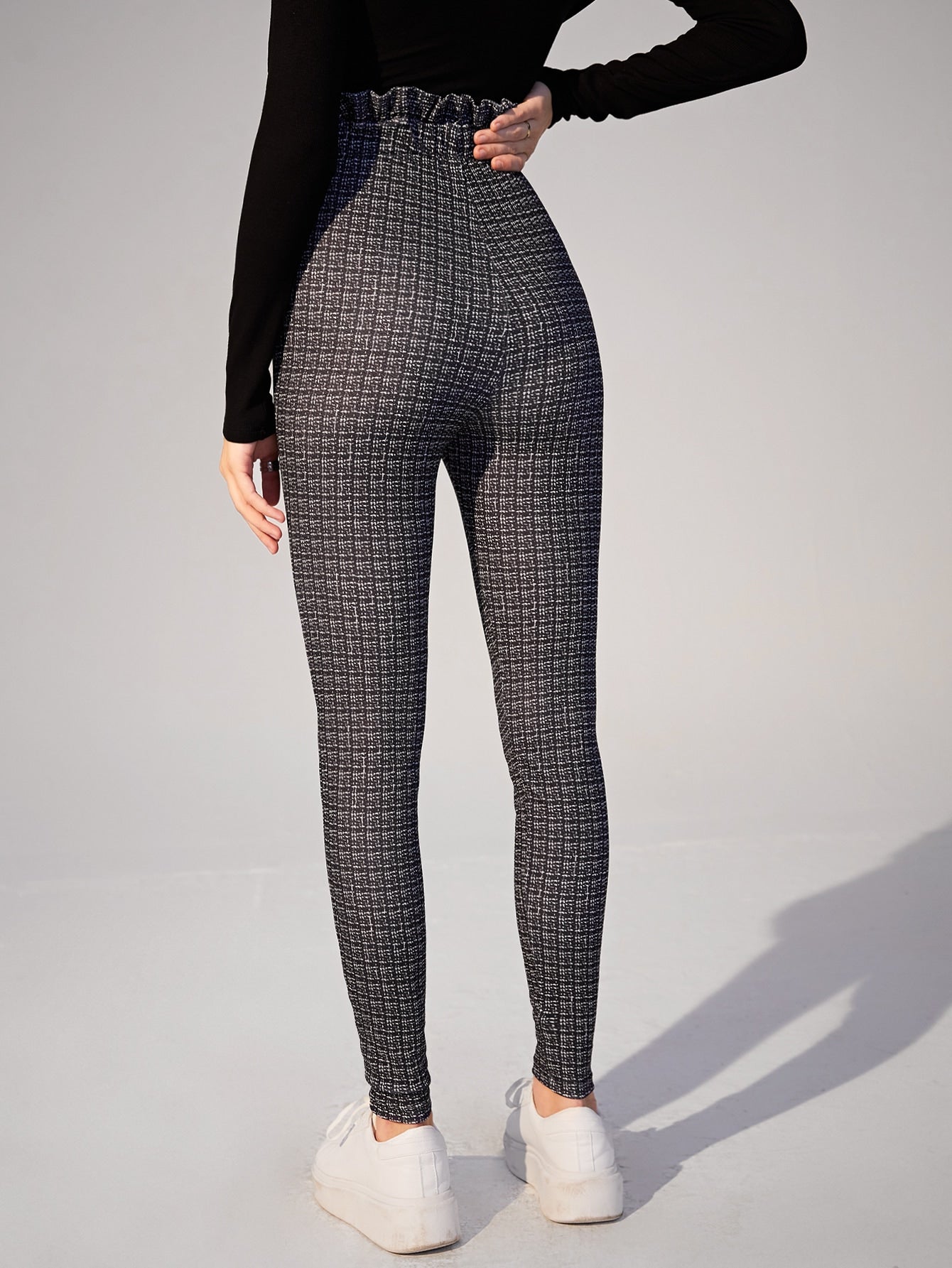 Paperbag Waist Knot Front Plaid Print Skinny Pants
