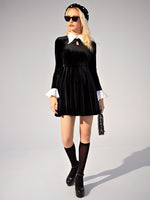 Keyhole Contrast Collar Flounce Sleeve Velvet Dress