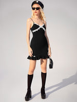 Lace Trim Bow Front Ruffle Hem Cami Dress