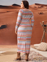 Plus Colorful Striped Raglan Sleeve Slit Back Bodycon Dress