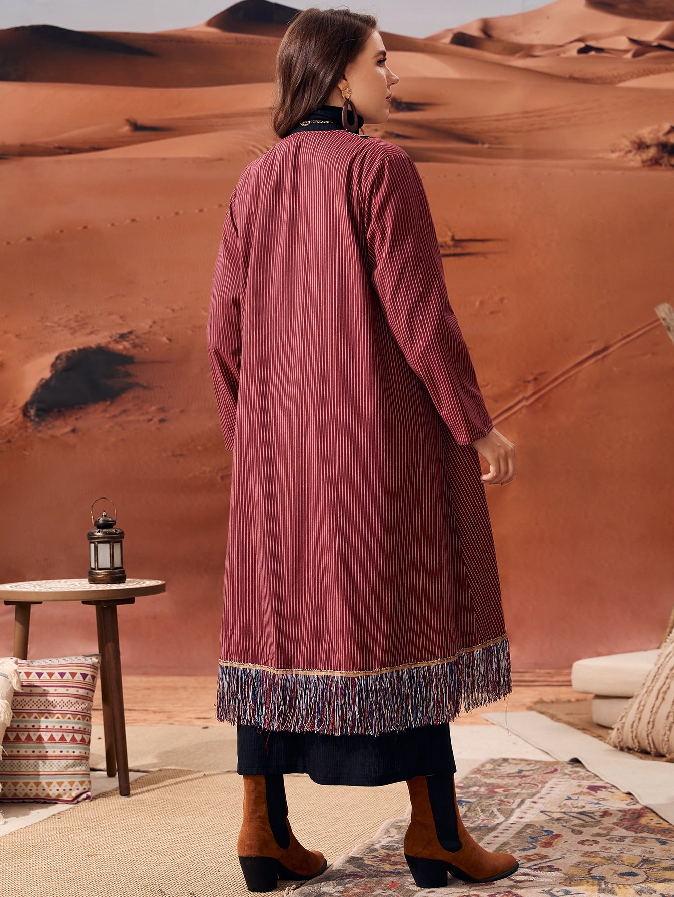 Plus Striped Contrast Embroidered Trim Fringe Hem Kimono