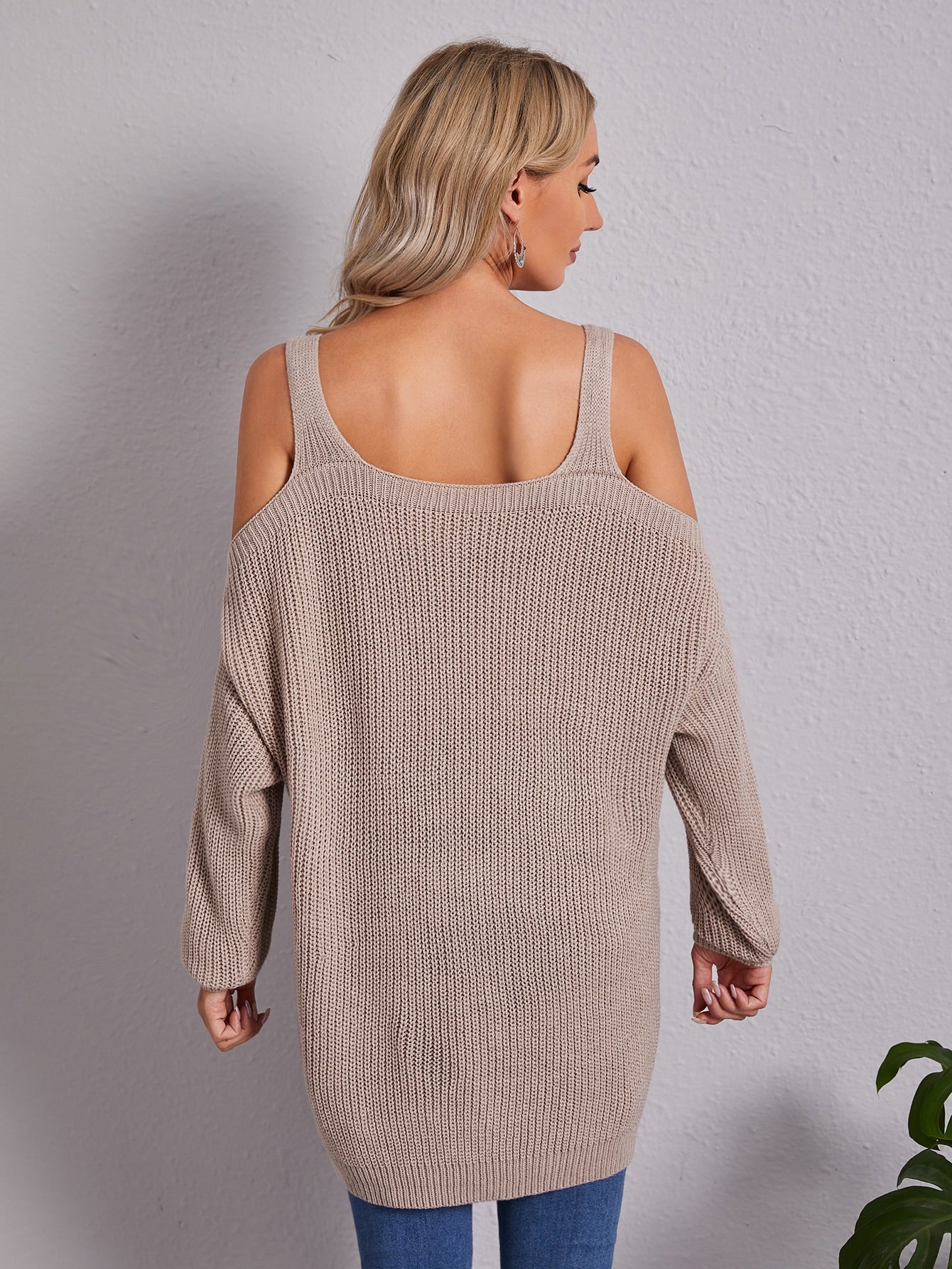 Cold Shoulder Solid Sweater Without Belt