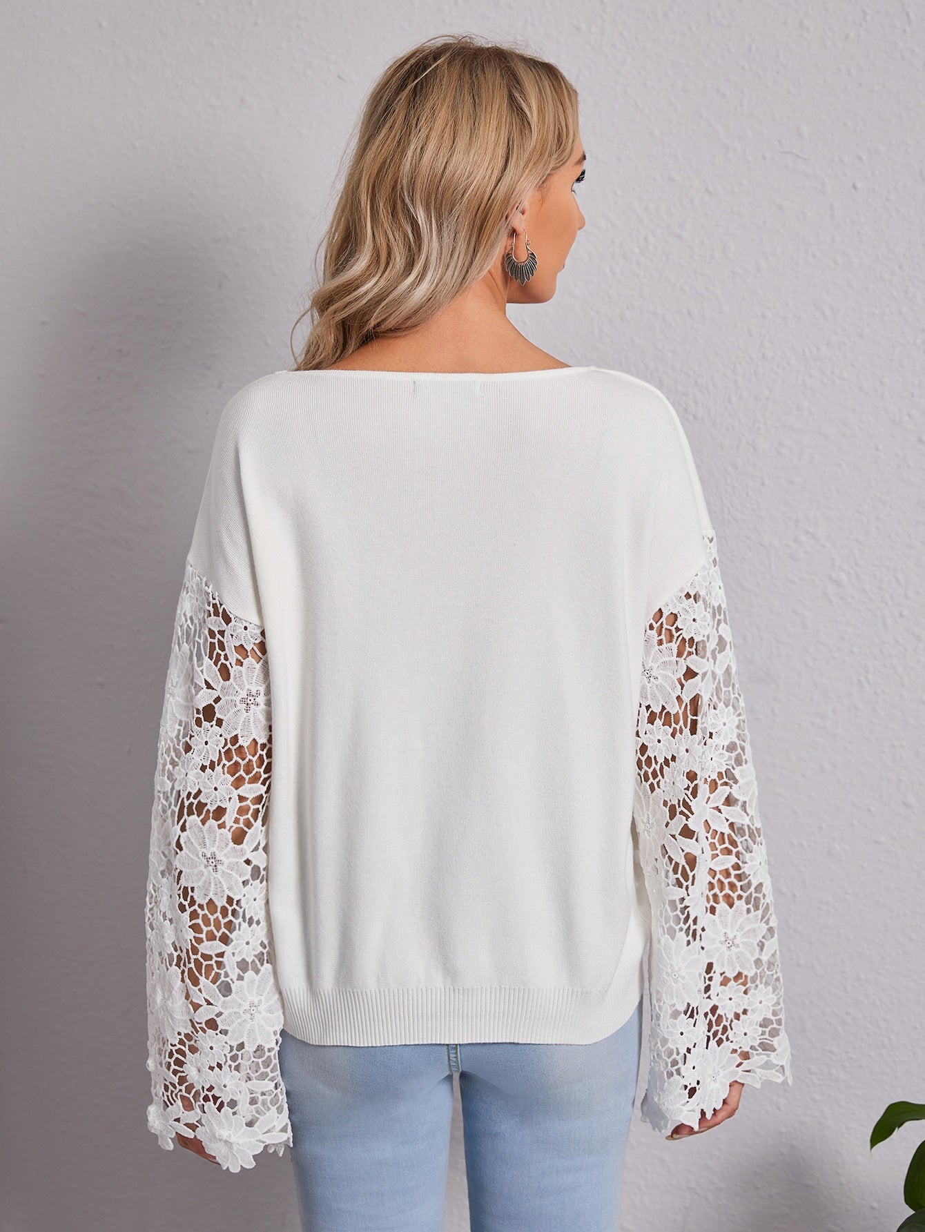 Drop Shoulder Guipure Lace Insert Sweater