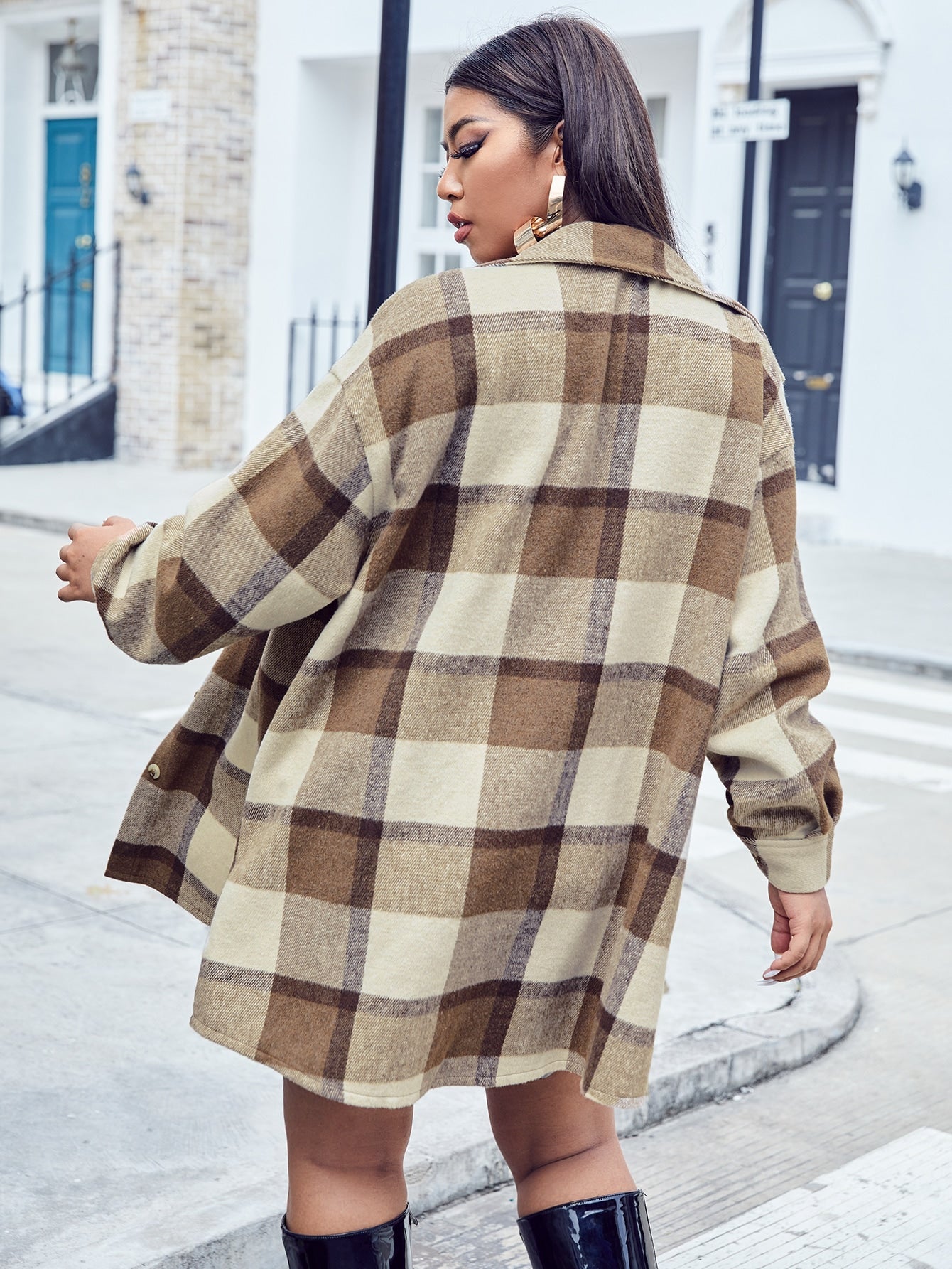 Plus Buffalo Plaid Flap Pocket Drop Shoulder Coat