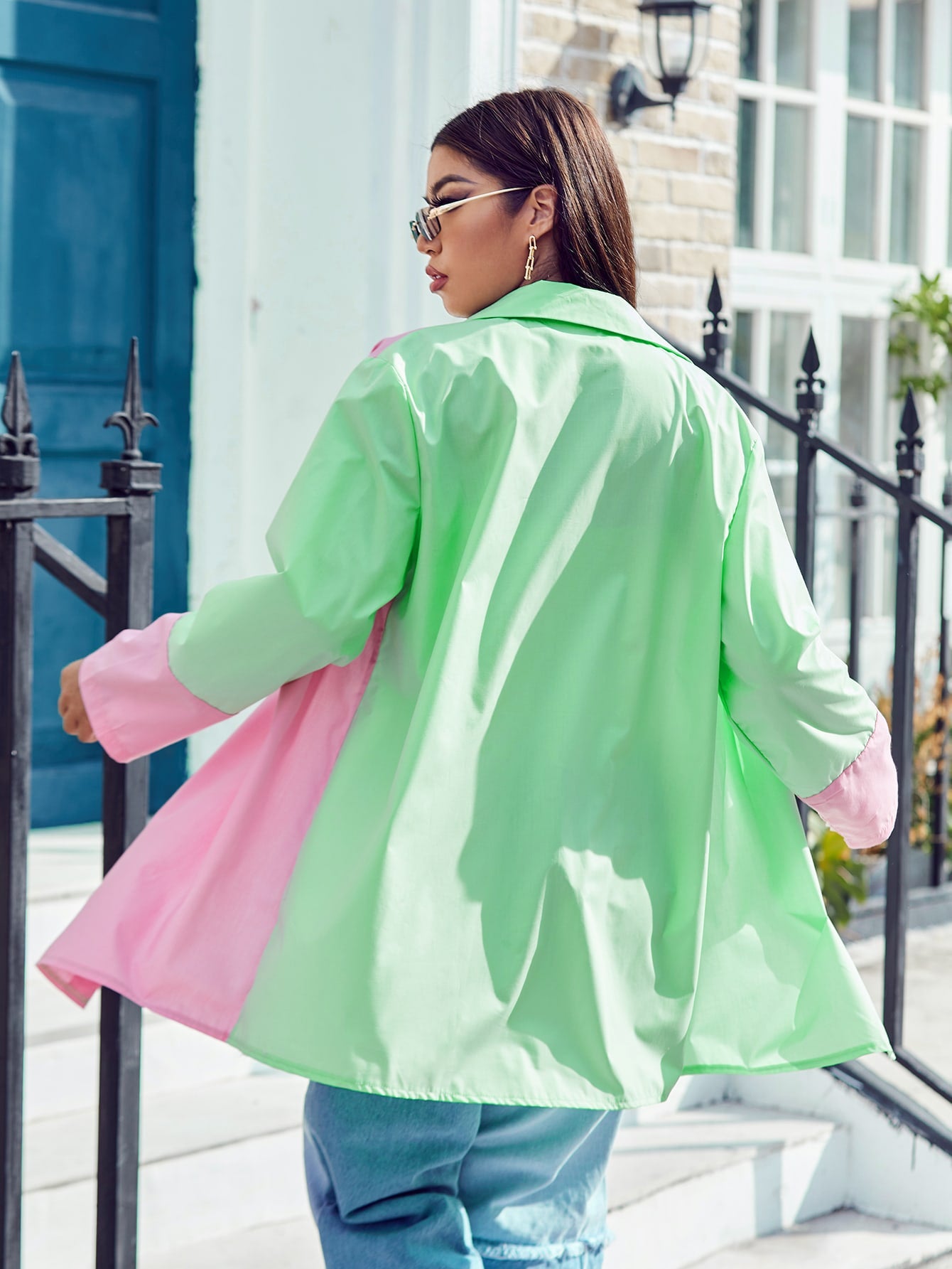 Plus Color Block Patched Pocket Blouse