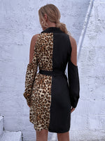 Leopard Panel Colorblock Cold Shoulder Belted Dress