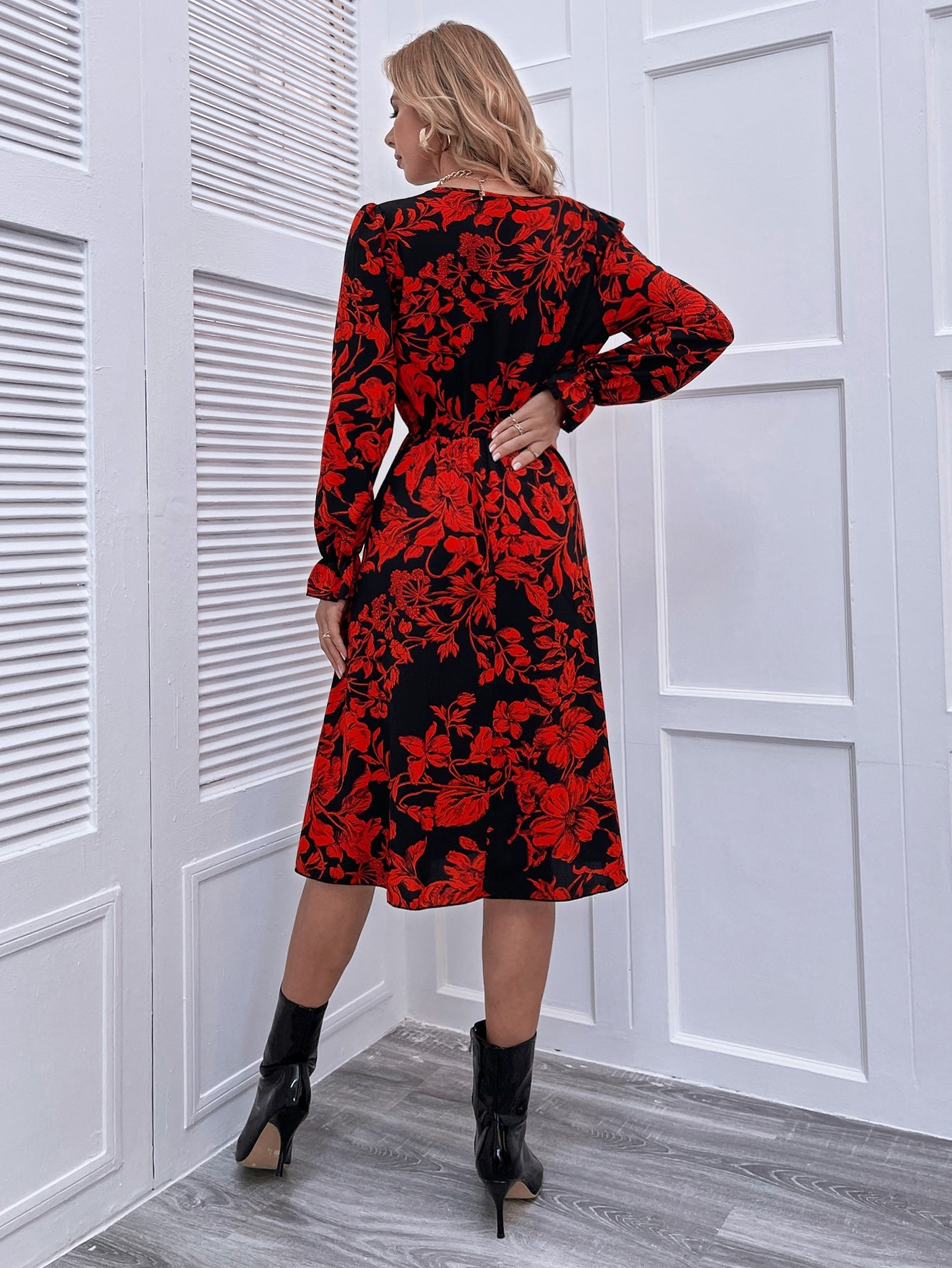 Floral Print Flounce Sleeve Single Breasted Dress