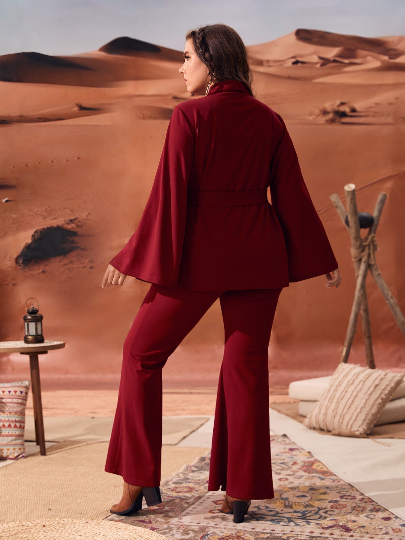 Plus Trumpet Sleeve Shawl Collar Belted Blazer & Flare Leg Pants