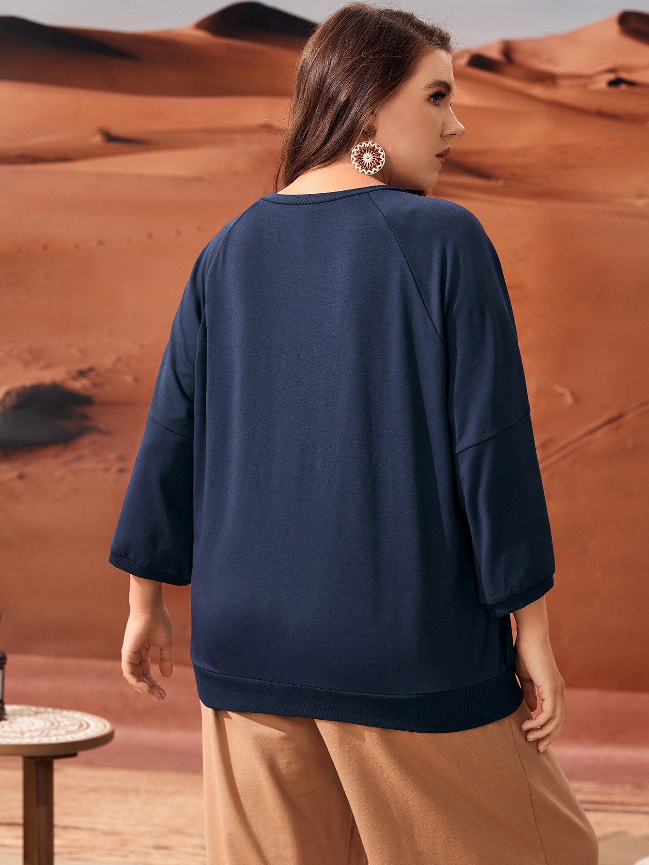 Plus Geo & Leaf Embroidered Raglan Sleeve Pullover