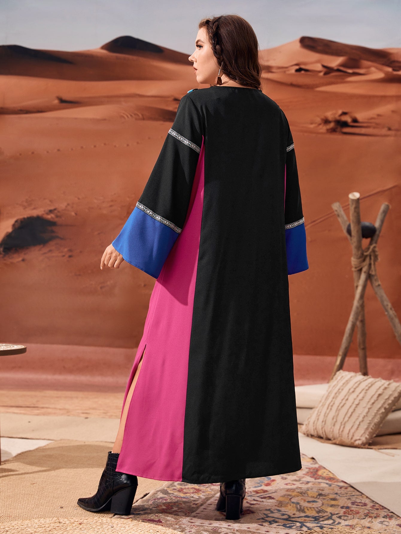 Plus Colorblock Tassel Trim Embroidery Panel Dress