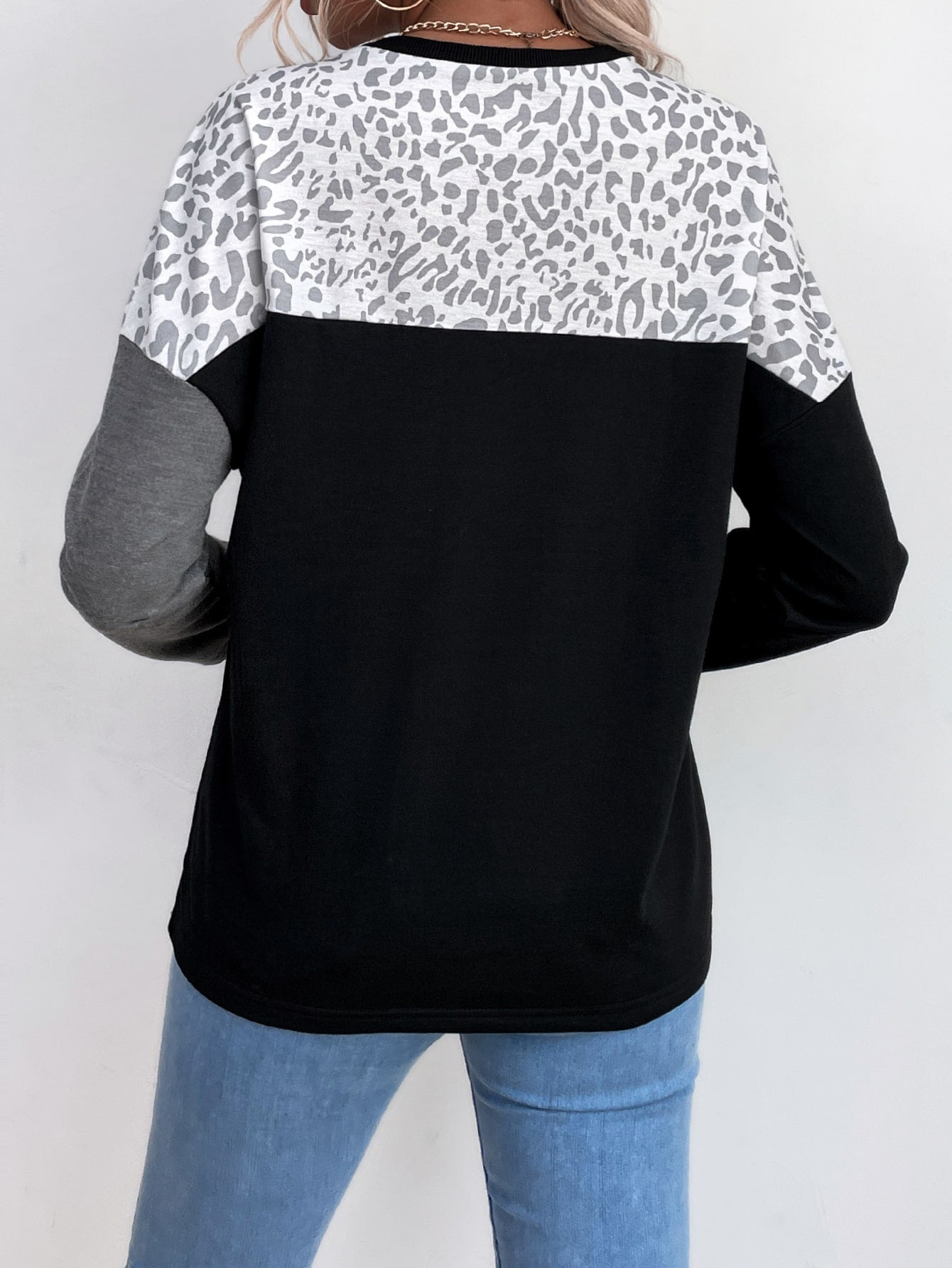 Leopard Print Color Block Drop Shoulder Pullover