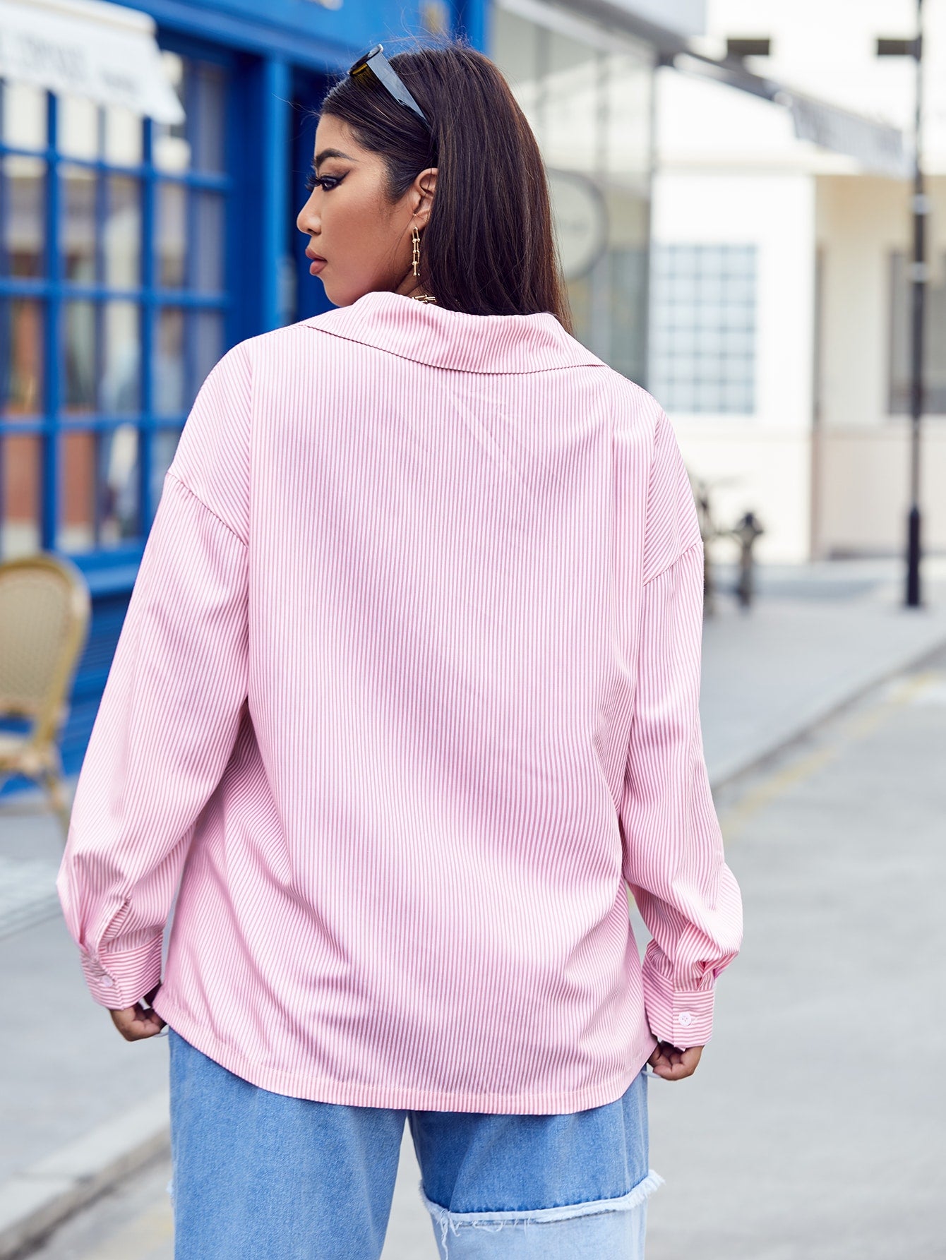 Plus Vertical Stripe Drop Shoulder Blouse Without Cami Top