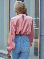 Stand Neck Lantern Sleeve Ruched Satin Blouse