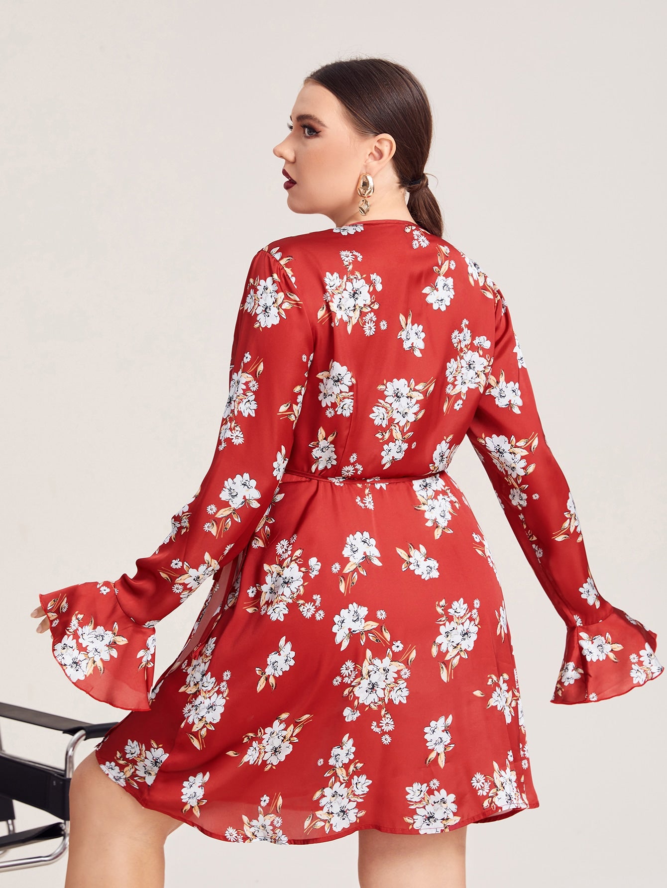 Plus Floral Print Surplice Neck Flounce Sleeve Dress