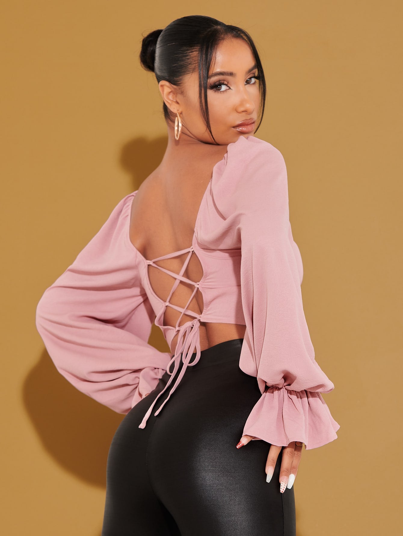 Square Neck Flounce Sleeve Lace Up Back Crop Blouse