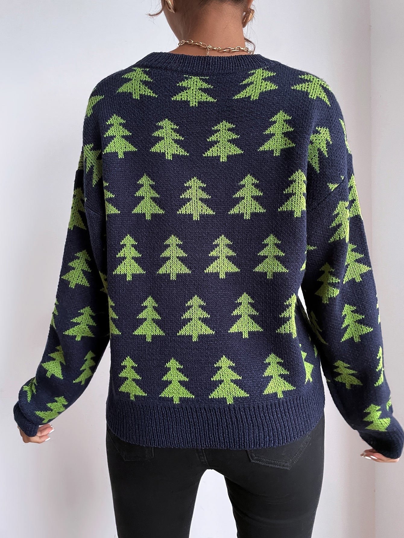 Tree Pattern Drop Shoulder Sweater