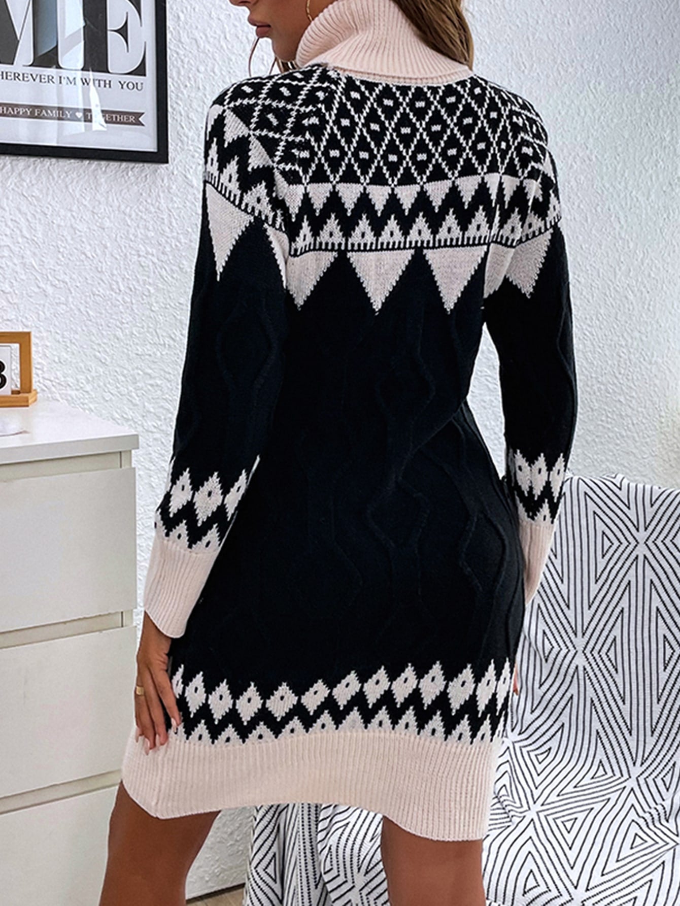 Geo Pattern Turtle Neck Sweater Dress