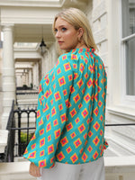 Plus Geo Print Frill Trim Tie Neck Lantern Sleeve Blouse