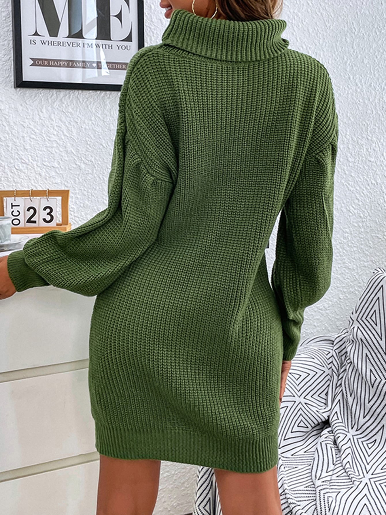 Turtleneck Lantern Sleeve Sweater Dress Without Belt