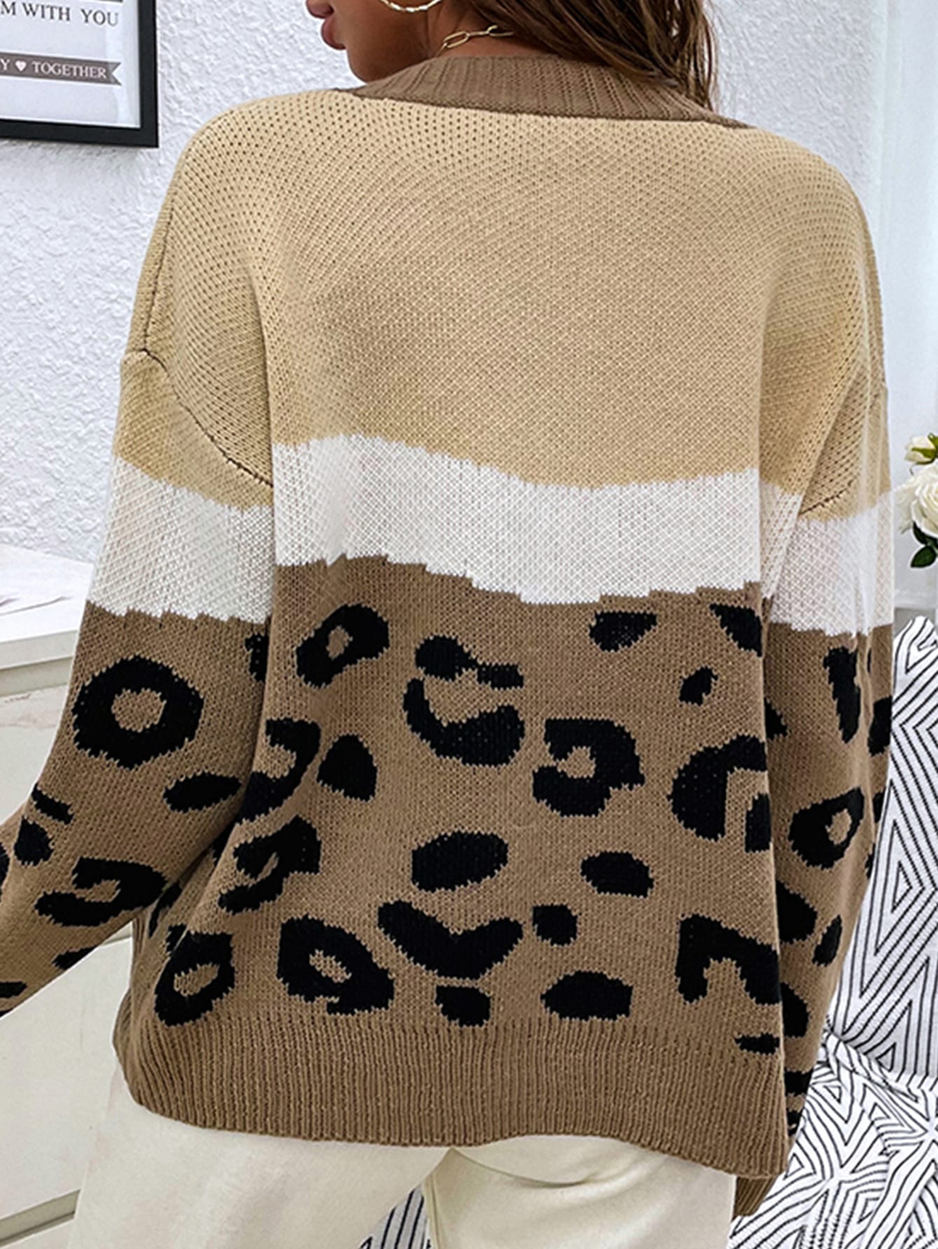 Leopard Pattern Color Block Drop Shoulder Cardigan