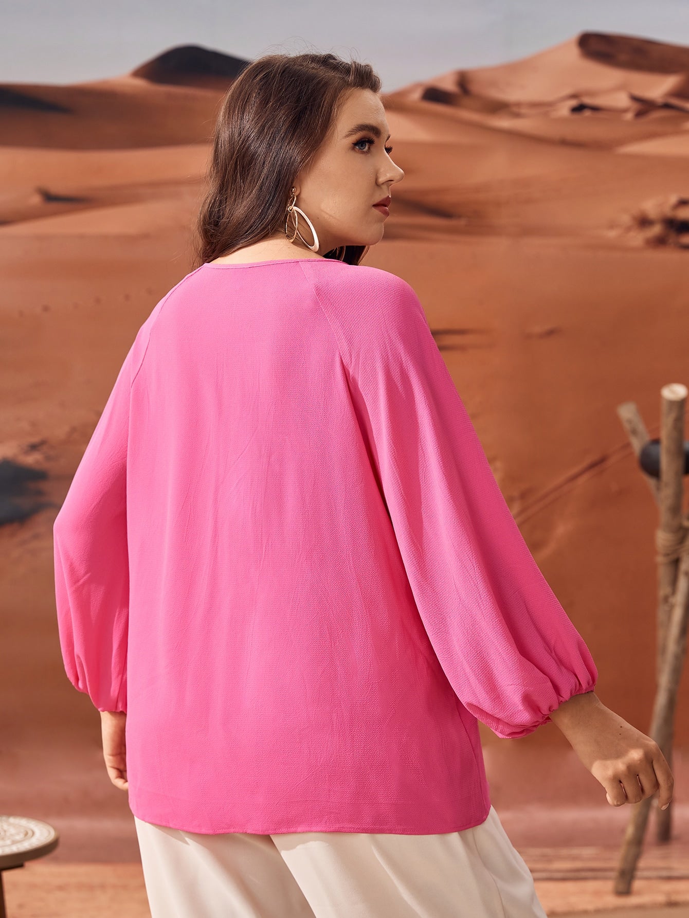 Plus Floral Embroidery Tassel Tie Raglan Sleeve Blouse