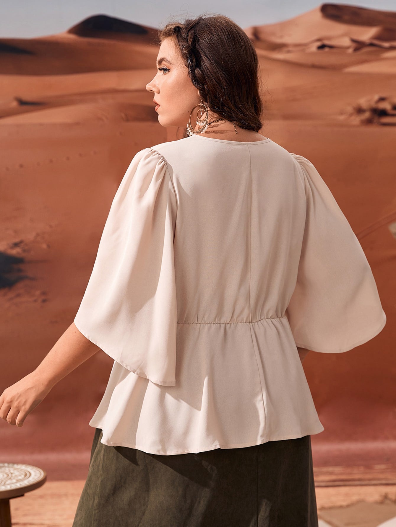 Plus Floral Embroidery Butterfly Sleeve Peplum Blouse