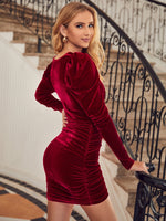 Gigot Sleeve Ruched Velvet Bodycon Dress