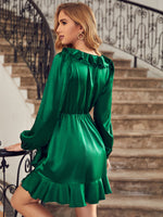 Lantern Sleeve Ruffle Trim Wrap Satin Dress