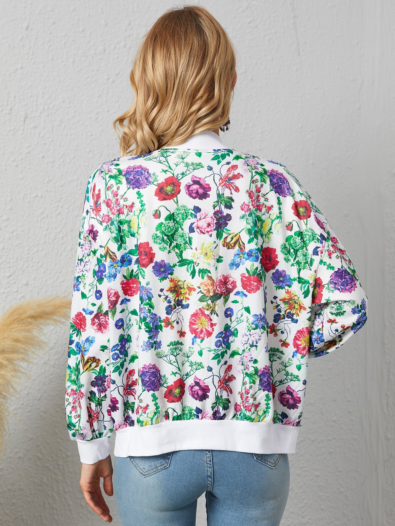 Floral Print Slant Pockets Bomber Jacket