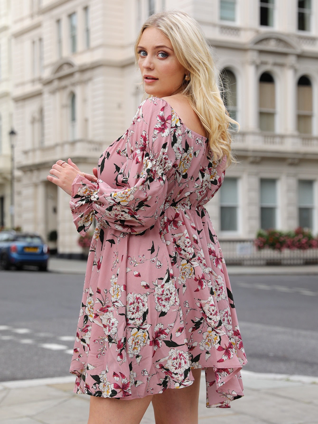 Plus Floral Print Flounce Sleeve Knot Front Dress