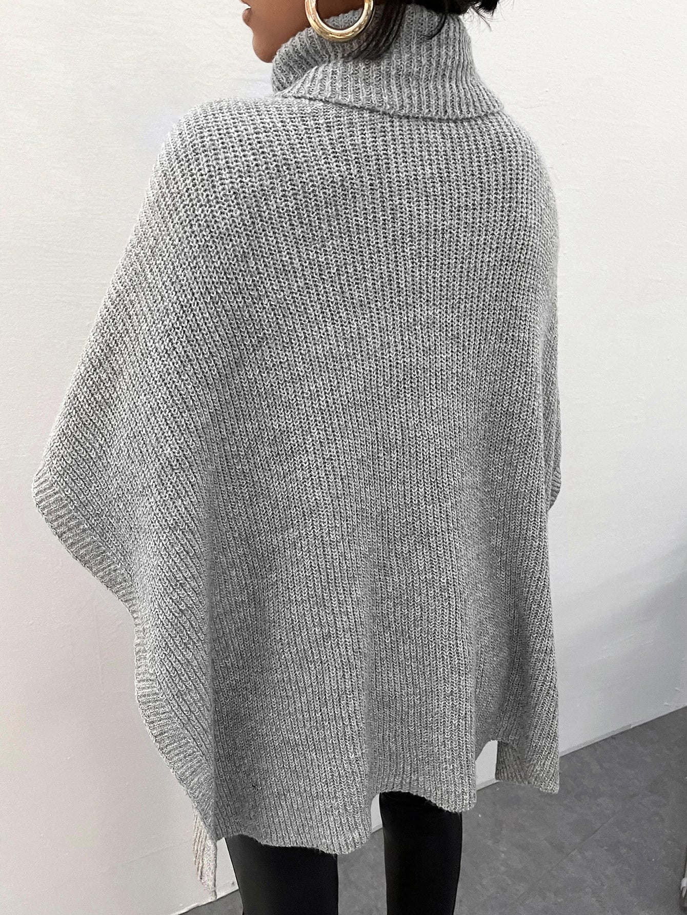 Turtleneck Ribbed Knit Poncho Without Belt