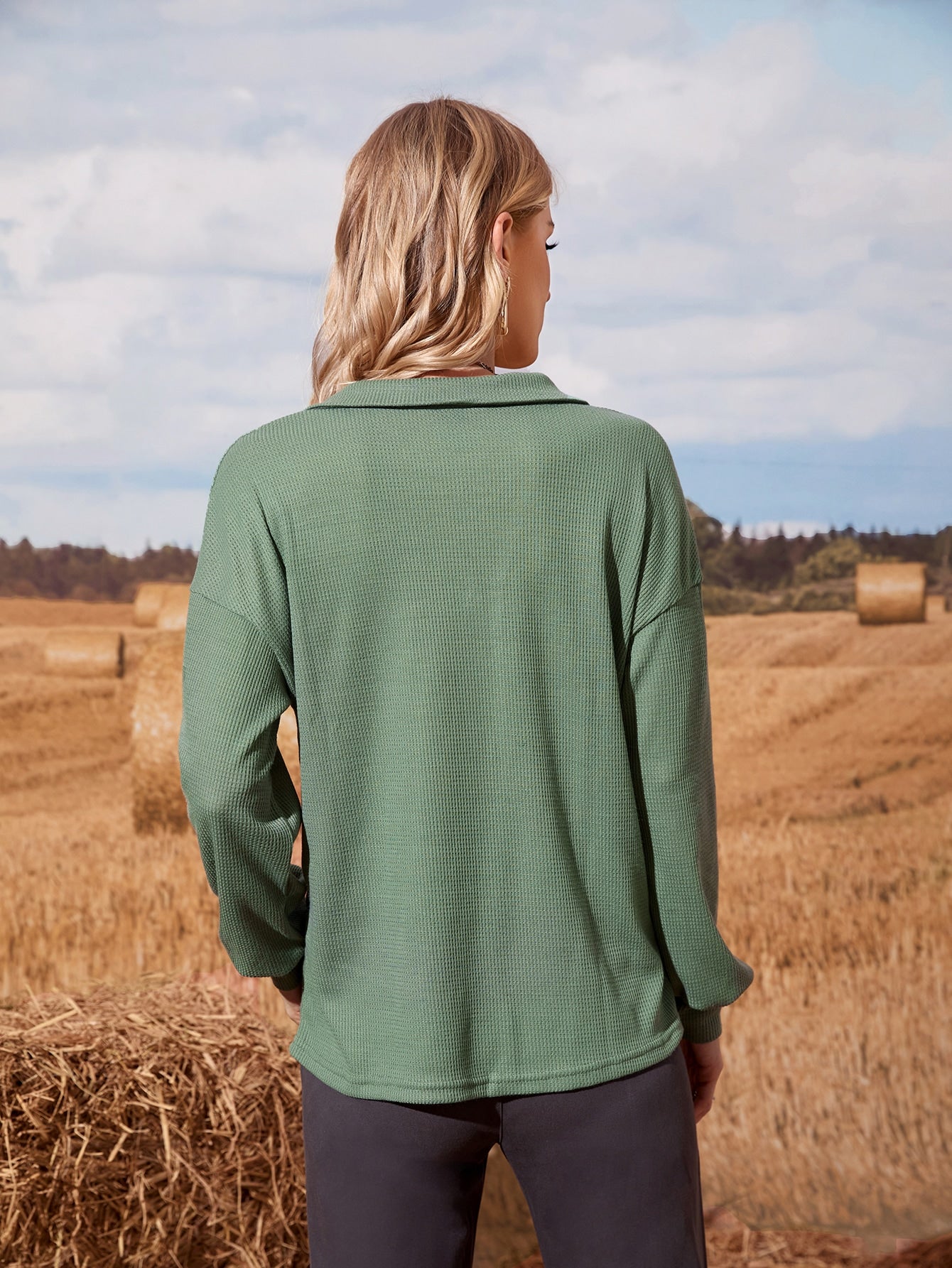 Pocket Front Drop Shoulder Waffle Knit Tee