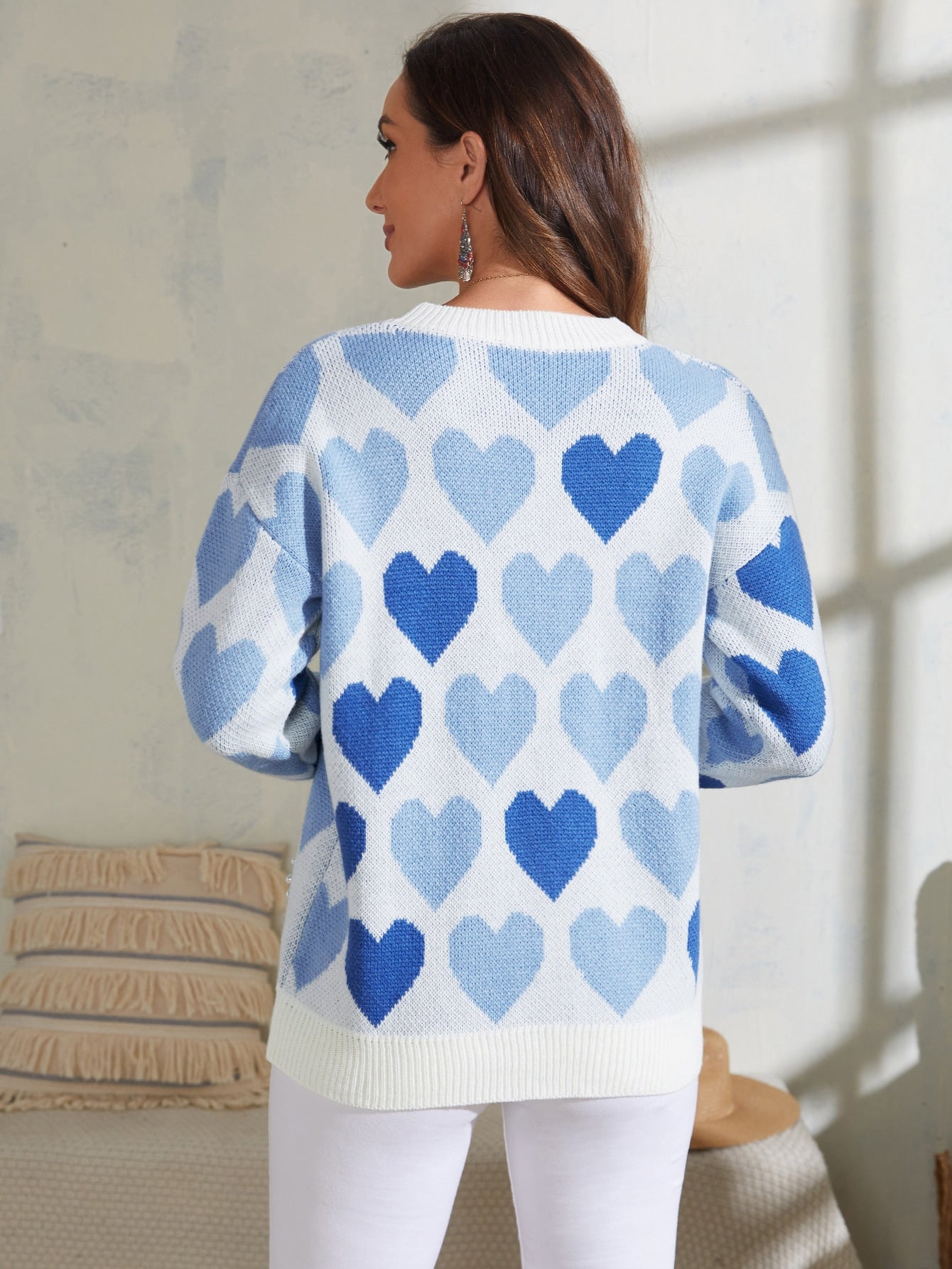 Heart Pattern Pearl Beaded Drop Shoulder Sweater