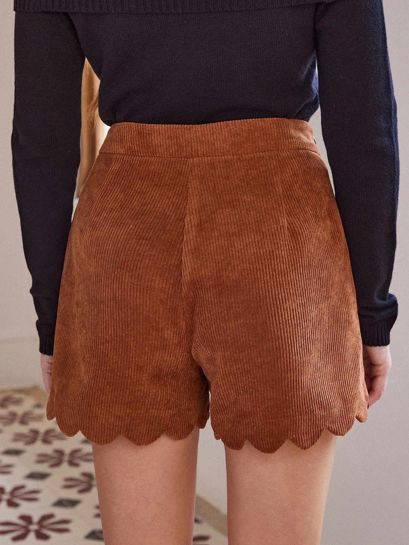 High Waist Scallop Trim Corduroy Shorts