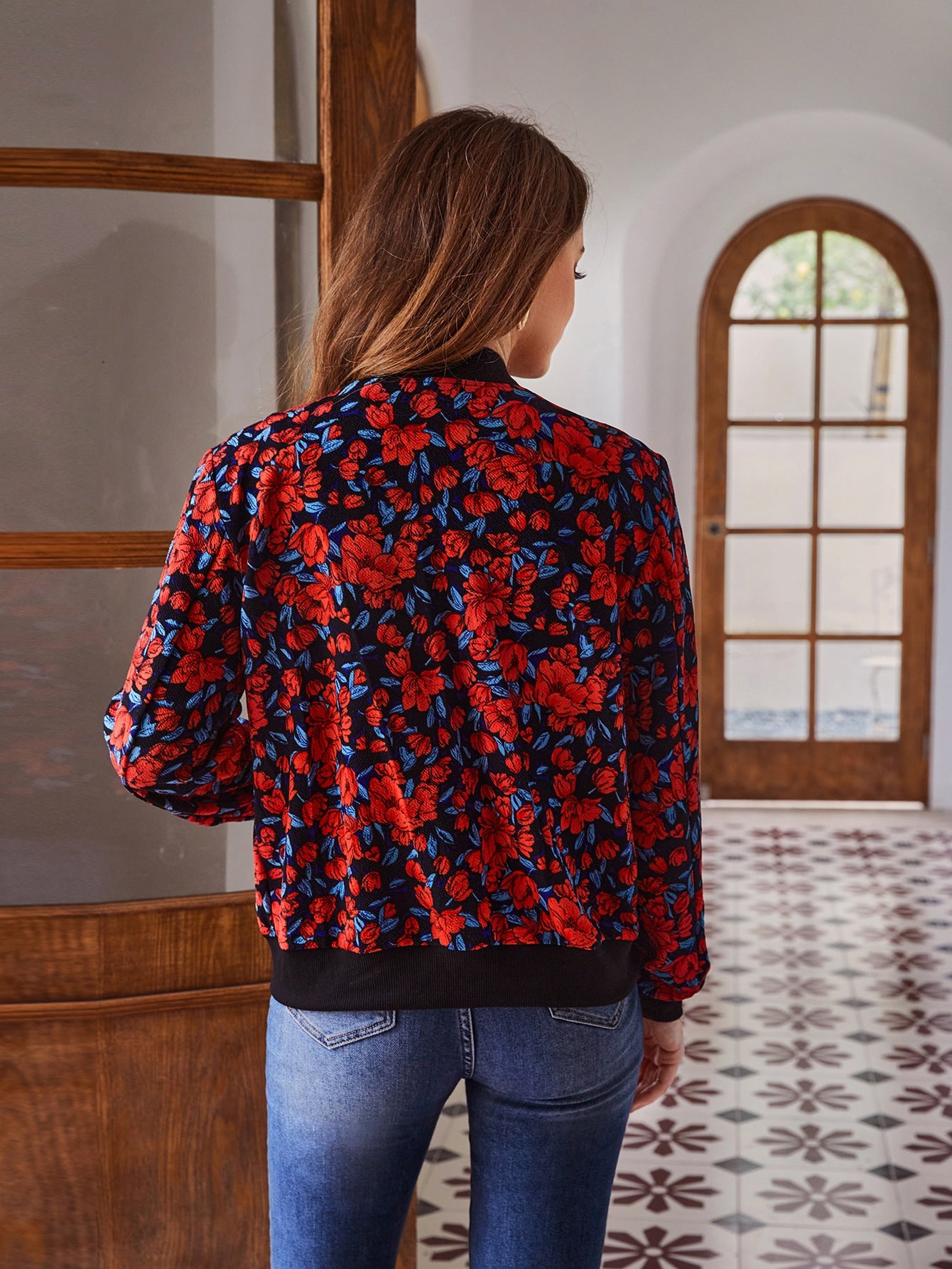 Floral Print O-ring Zipper Bomber Jacket