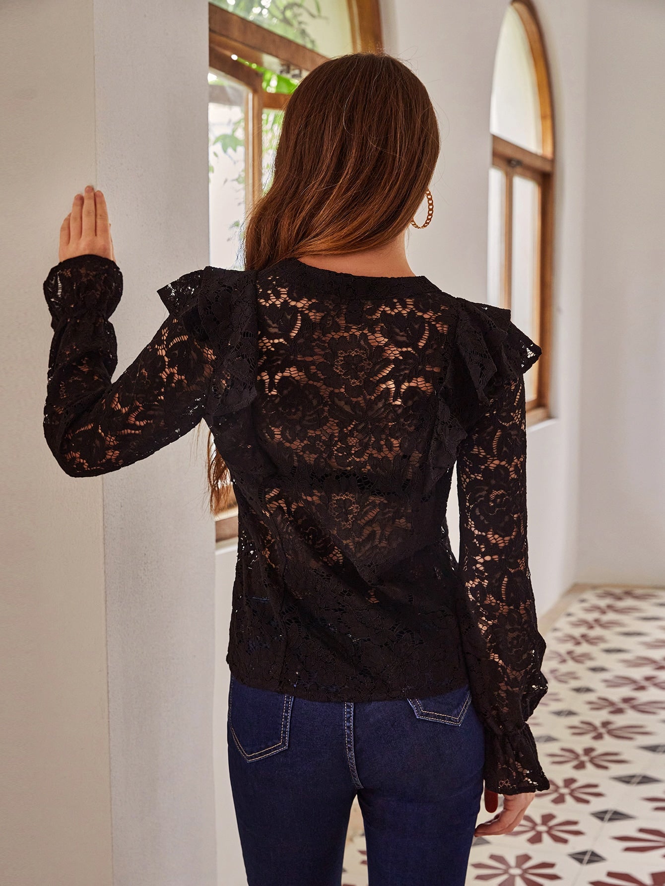Ruffle Trim Flounce Sleeve Guipure Lace Blouse Without Bra