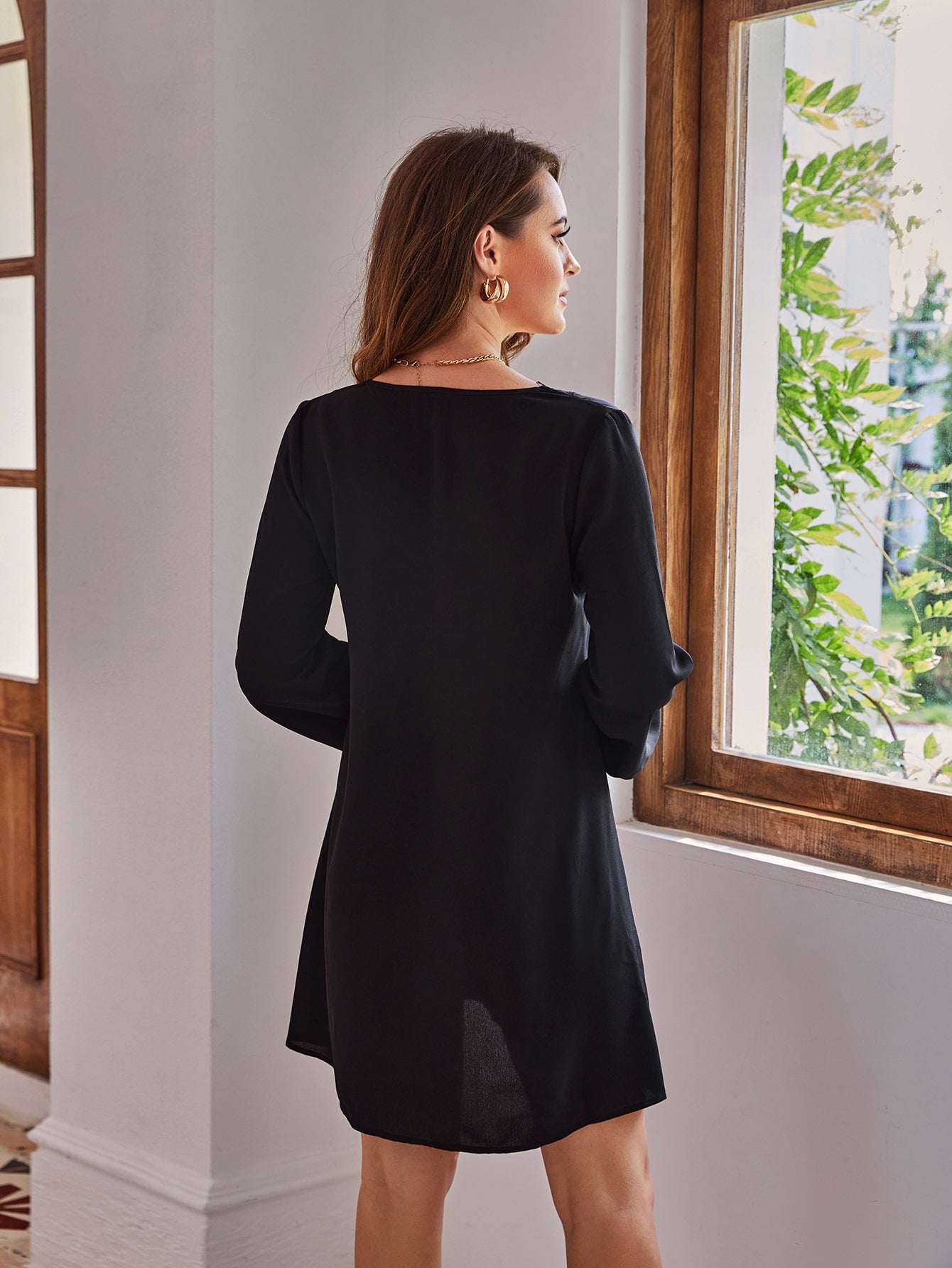 Eyelash Lace Trim Lantern Sleeve Tunic Dress