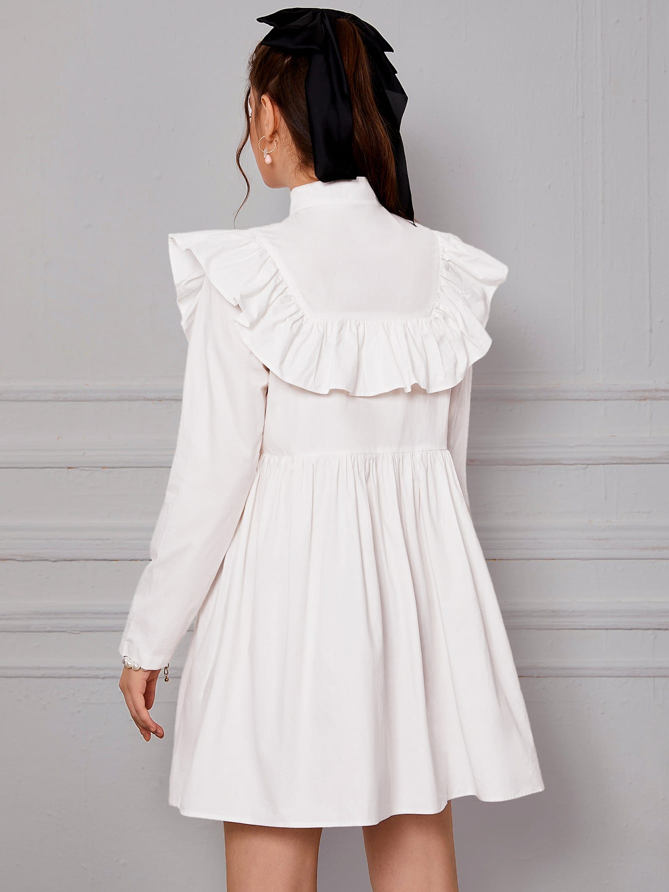 Solid Ruffle Trim Half Button Dress
