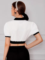 Puff Sleeve Contrast Trim Crop Tee