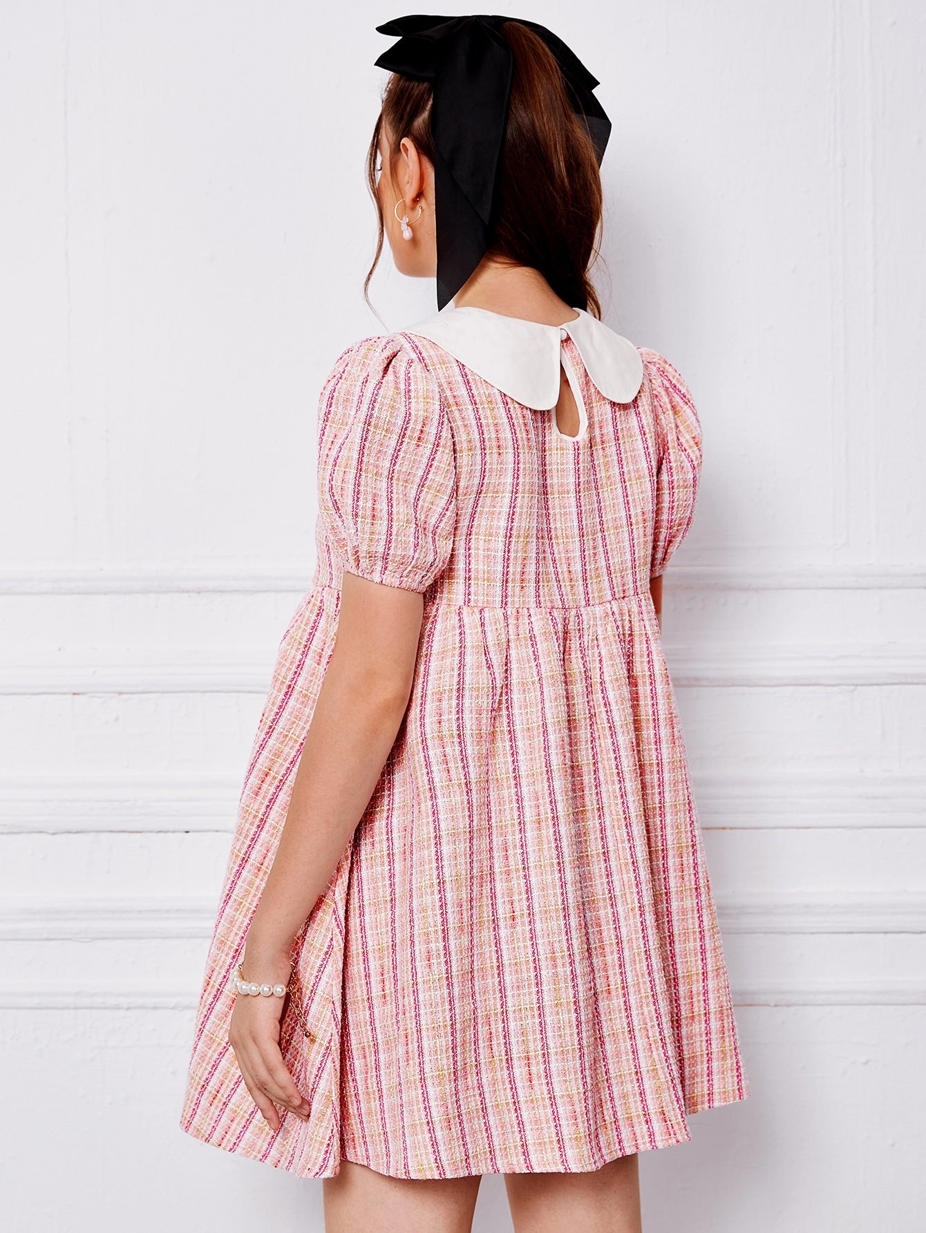 Peter-pan Collar Puff Sleeve Plaid Tweed Dress